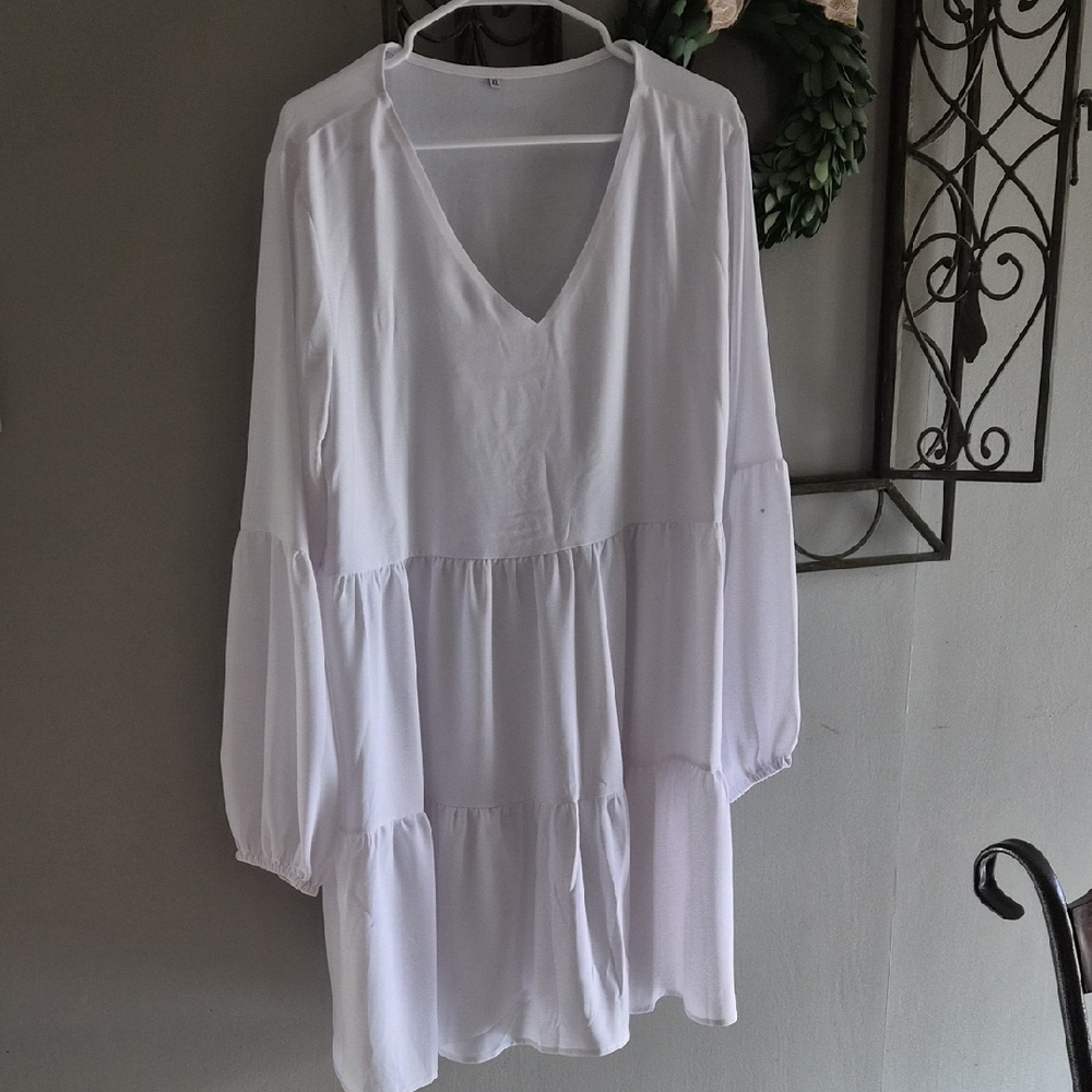 White V-Neck Tiered Dress